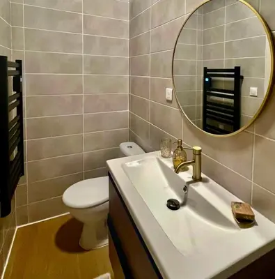 a bathroom with a sink and a toilet and a mirror at Le Gîte d'Oré - 2 Chambres et Climatisation in Carcassonne