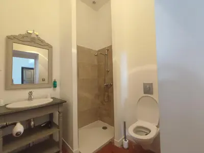 a bathroom with a toilet and a sink and a shower at La Redorte 4 in La Redorte
