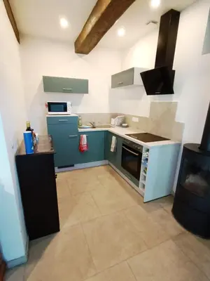 a kitchen with blue cabinets and a stove top oven at Château de Prax Viel - piscine et mini ferme, climatisé in Lagrasse