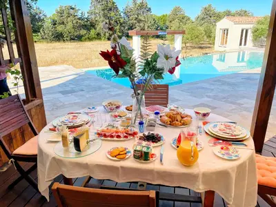 a table with food on it with a view of a pool at Domaine Des Lucques B&B with Private Infinity Pool & Grand Olive Grove in Bize-Minervois