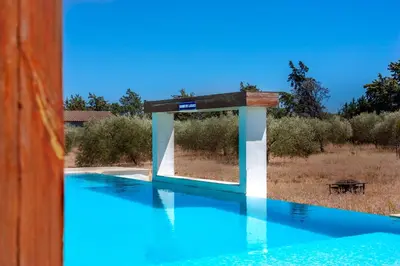 a pavilion over a swimming pool with blue water at Domaine Des Lucques B&B with Private Infinity Pool & Grand Olive Grove in Bize-Minervois