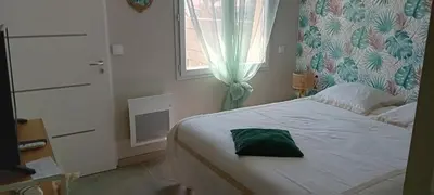 a bedroom with a bed with a green pillow on it at Chez Jacques in Port-la-Nouvelle
