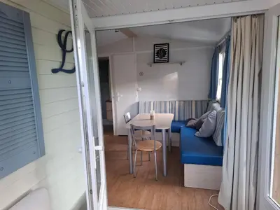 a tiny house with a blue couch and a table at Lya in Nages