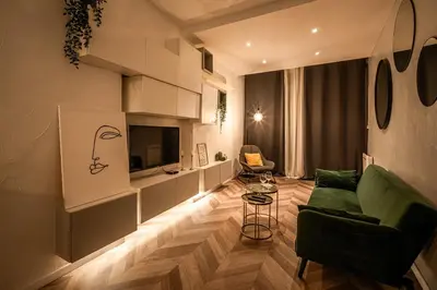 a living room with a green couch and a television at L'Appart Central - Chic et Confort in Narbonne