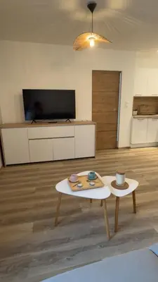 a living room with a coffee table and a tv at Le petit narbonnais in Narbonne