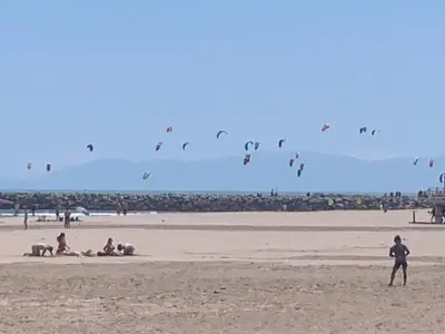 a group of people on a beach flying kites at Superbe Appartement T2 climatisé in Gruissan