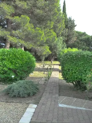 a brick path in a park with trees and bushes at The Studio at Gites 474 in Sallèles-dʼAude
