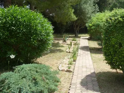 a garden with a brick path and bushes at The Studio at Gites 474 in Sallèles-dʼAude