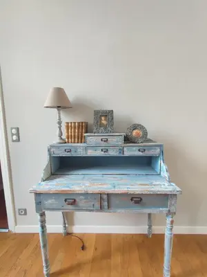 a blue desk with two drawers and a lamp on top at Suite de Rêve au Château avec Bain Caché - Accès Bassin de Nage - Clim in La Redorte