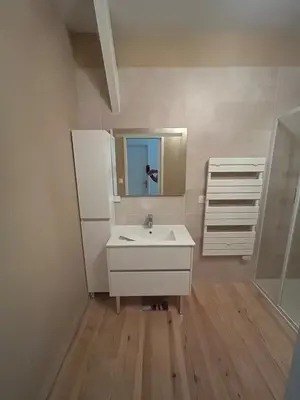 a bathroom with a white sink and a refrigerator at Maison de ville centre de Narbonne Amardeil in Narbonne
