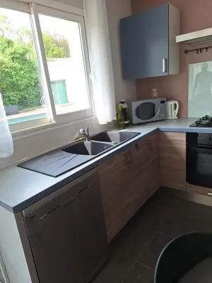 a kitchen with a sink and a microwave at Villa Alfabeta in Bizanet