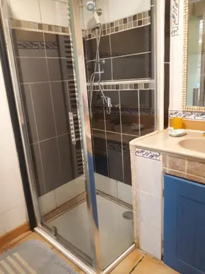 a shower with a glass door in a bathroom at Gîte de la Truie qui File in Noailhac