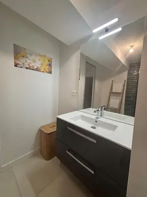 a bathroom with a sink and a mirror at Chez Cricri, modern accommodation in Bizanet