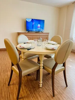 a dining room table with chairs and a television at T2 à proximité Grand Buffets in Narbonne