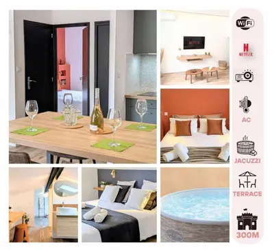 a collage of pictures of a room with a table and wine glasses at 151 - Terrasse & Jacuzzi, Rue Trivalle, Pied de la cité de Carcassonne - Climatisation, Netflix, Fibre in Carcassonne