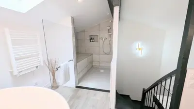 a bathroom with a walk in shower and a toilet at 151 - Terrasse & Jacuzzi, Rue Trivalle, Pied de la cité de Carcassonne - Climatisation, Netflix, Fibre in Carcassonne