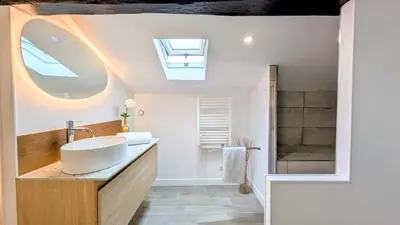 a bathroom with a sink and a shower at 151 - Terrasse & Jacuzzi, Rue Trivalle, Pied de la cité de Carcassonne - Climatisation, Netflix, Fibre in Carcassonne