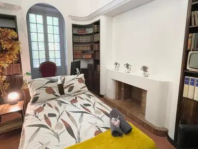 a living room with a bed and a fireplace at Le PALACE, Auberge in Carcassonne