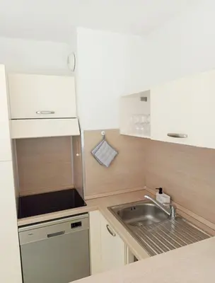 a small kitchen with a sink and a counter at Le Chant des Cigales in Azille