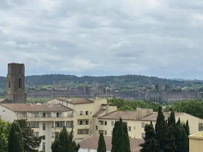 a view of a city with buildings and a tower at La Sentinelle - Vue Cité in Carcassonne