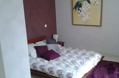 a bedroom with a bed with purple pillows at Maison dans le sud au calme avec extérieur in Ferrals-lès-Corbières
