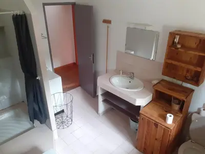 a bathroom with a sink and a mirror at Gîte à la ferme in Montolieu
