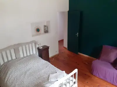 a bedroom with a bed and a green wall at Gîte à la ferme in Montolieu