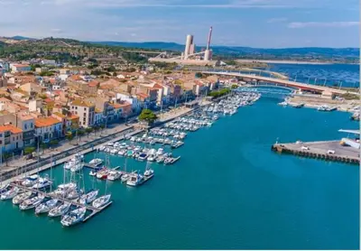 an aerial view of a harbor with boats in the water at Appartement T2 in Port-la-Nouvelle