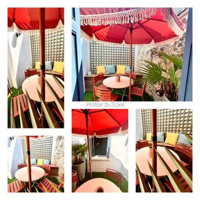 a collage of four pictures of a table with an umbrella at La Loge des Remparts in Carcassonne