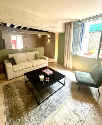 a living room with a couch and a coffee table at La Loge des Remparts in Carcassonne