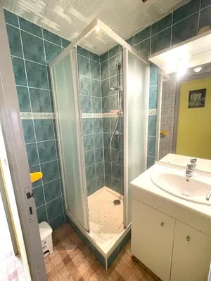 a bathroom with a shower and a sink at Chalet climatisé 5 personnes Gruissan plage in Gruissan