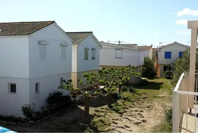 a row of houses with a tree in a yard at Chalet climatisé 5 personnes Gruissan plage in Gruissan