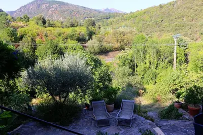 two chairs in a garden with trees and mountains at La Terrasse aux citronniers in Saint-Vincent
