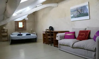a living room with a couch and a bed at La Terrasse aux citronniers in Saint-Vincent