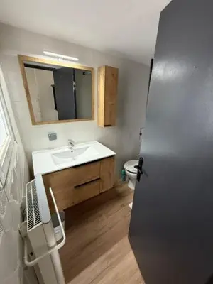a bathroom with a sink and a mirror at Appartement centre-ville Narbonne 5 personnes, climatisé, 2 chambres in Narbonne