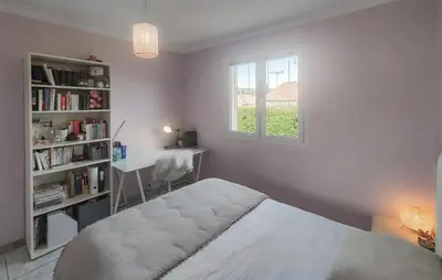 a bedroom with a bed and a window and a desk at Nice Home In Cessenon Sur Orb - Flh677 in Cessenon
