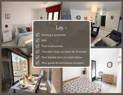 a collage of photos of a room with a sign at Spacieux appartement Coeur du Village Wifi Draps in Gruissan