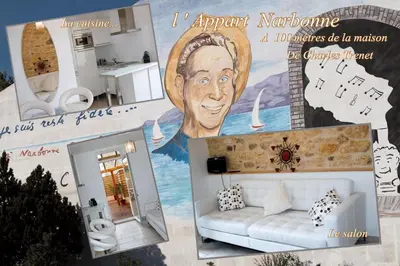 a collage of photos of a house with a mural at Apartment with large terrace, ground floor in Narbonne
