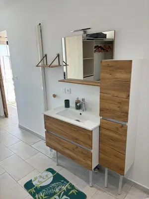 a bathroom with a sink and a mirror at villa de vacances in Cessenon