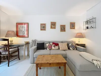 a living room with a couch and a table at Le Rousseau - Comfortable apartment - Wi-Fi in Salles-d'Aude