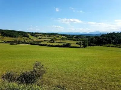 an open field of green grass with mountains in the distance at Maison de vacances en Ariège in La Bastide-de-Bousignac
