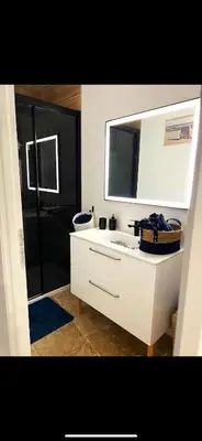 a bathroom with a white sink and a mirror at Apparemment Résidence la palmeraie in Lapalme