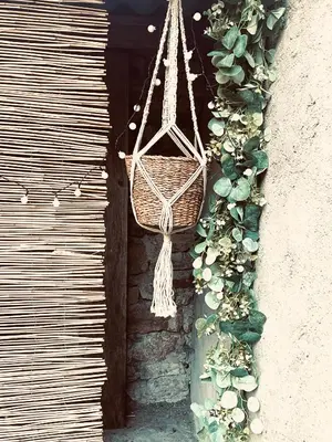 a wicker basket hanging on a wall with a plant at Maison de charme in Fontrieu