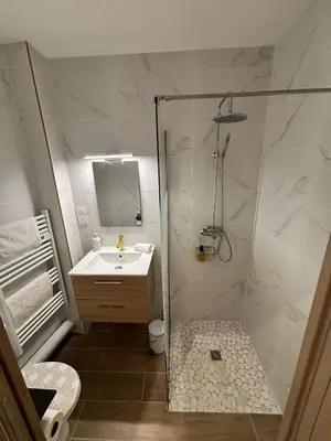 a bathroom with a shower and a sink at La Topaze in Narbonne