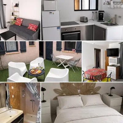 a collage of photos of a kitchen and a living room at Au cœur du village de Gruissan in Gruissan