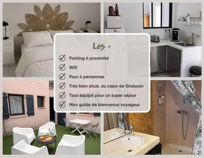 a collage of photos of a bedroom and a bathroom at Au cœur du village de Gruissan in Gruissan