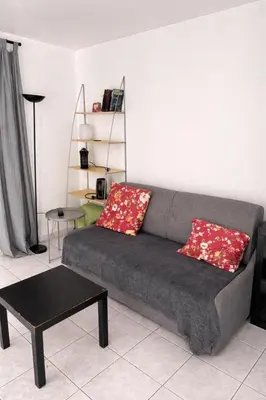 a living room with a gray couch with red pillows at Au cœur du village de Gruissan in Gruissan