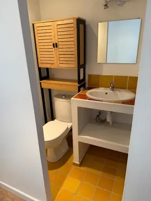 a bathroom with a toilet and a sink at Appartement indépendant climatisé Chez Amel & Rémi in Fabrezan