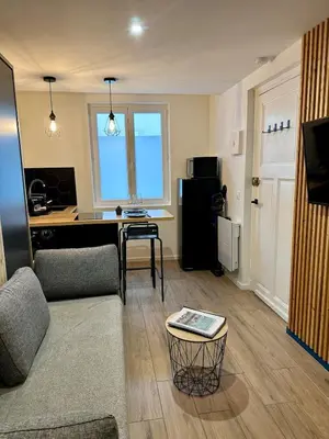 a living room with a couch and a table at Beautiful Modern Studio in Carcassonne