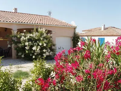 a house with pink flowers in front of a garage at Family villa in Salles-d'Aude in Salles-dʼAude